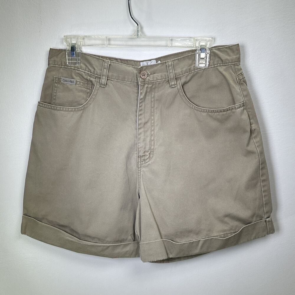 Vintage Calvin Klein Shorts Women 12 Khaki Tan Beige Cotton Pockets Zip Logo